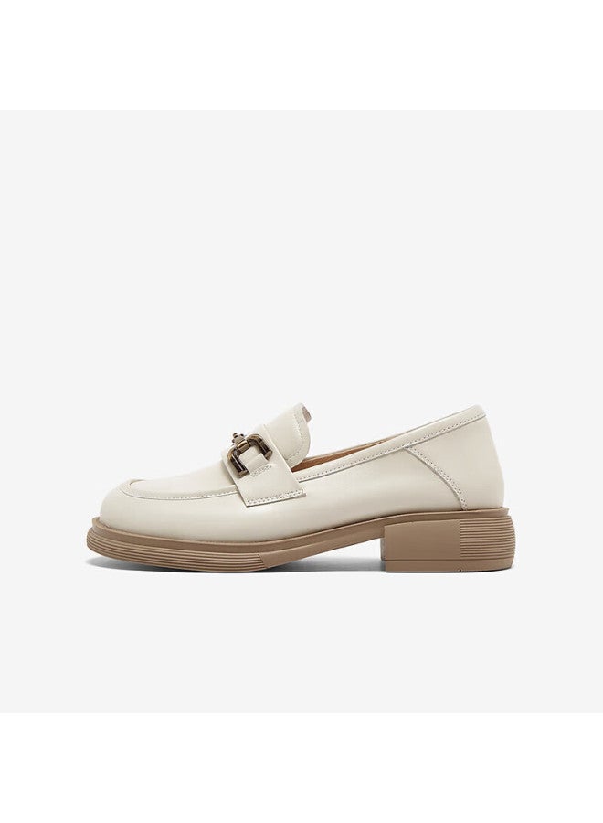 Basto 24 Spring Mall Same Style Simple Metal Buckle Loafers Thick Heel Women's Single Shoes Cb103aa4 Beige Size 37 - Image 1
