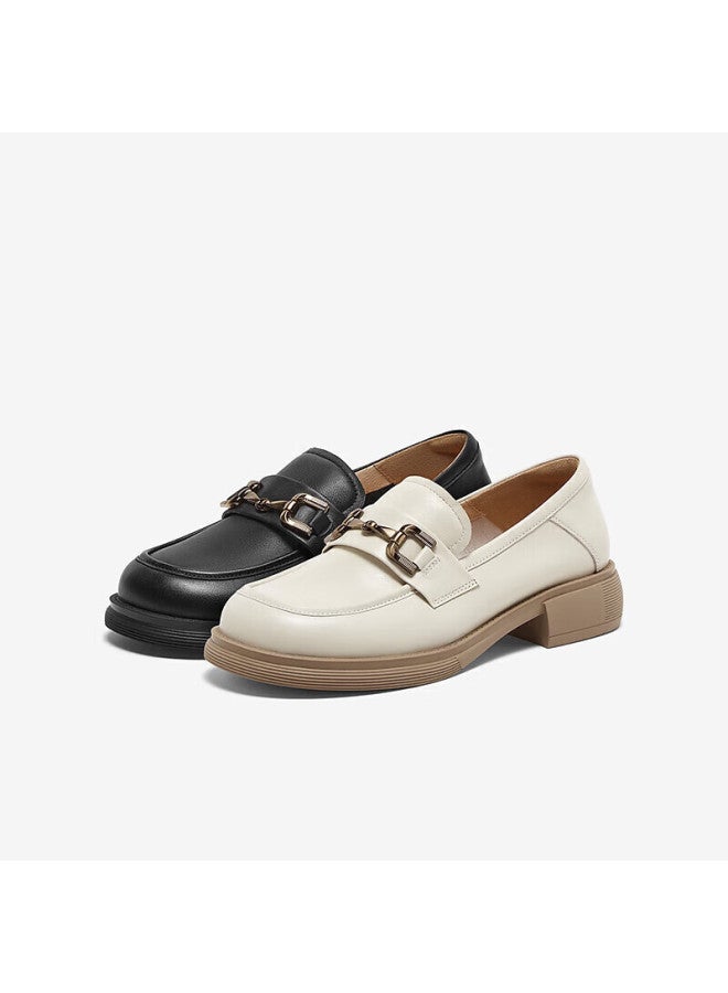 Basto 24 Spring Mall Same Style Simple Metal Buckle Loafers Thick Heel Women's Single Shoes Cb103aa4 Beige Size 37 - Image 5