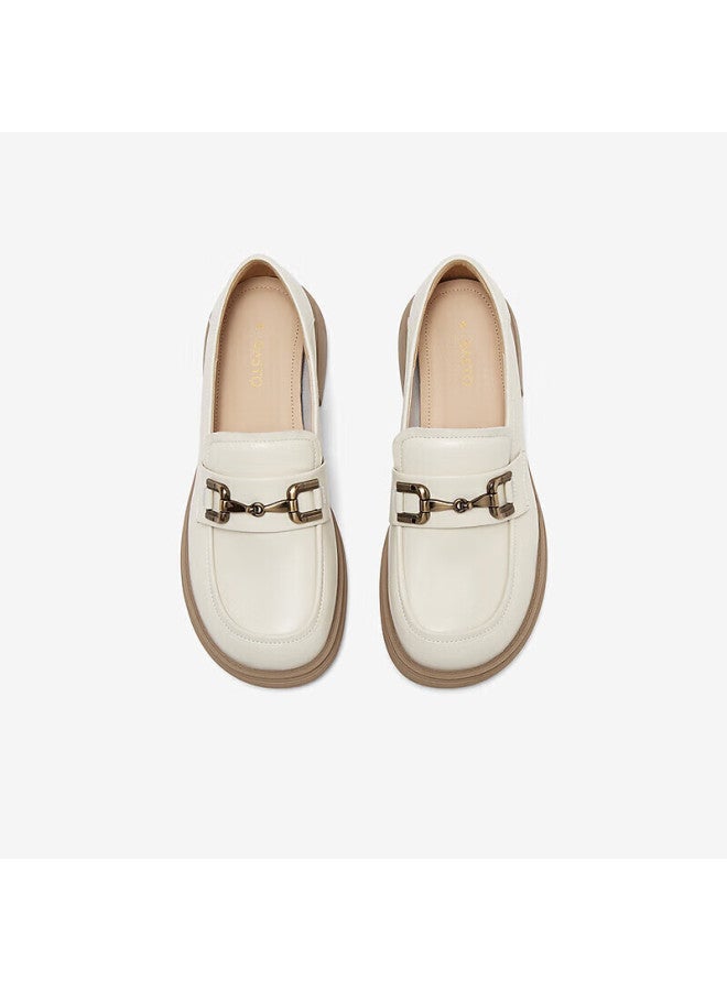 Basto 24 Spring Mall Same Style Simple Metal Buckle Loafers Thick Heel Women's Single Shoes Cb103aa4 Beige Size 37 - Image 2