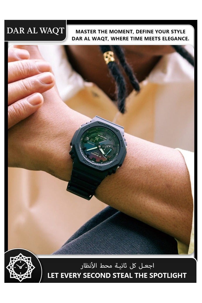 كاسيو ساعة كاسيو جي-شوك GA-2100RW-1A إصدار محدود - تصميم جدار من الطوب بألوان قوس قزح، ومينا متغيرة الألوان، وشاشة رقمية وتناظرية - Image 2