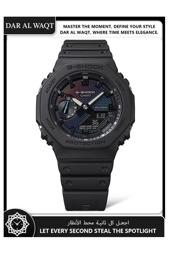 كاسيو ساعة كاسيو جي-شوك GA-2100RW-1A إصدار محدود - تصميم جدار من الطوب بألوان قوس قزح، ومينا متغيرة الألوان، وشاشة رقمية وتناظرية - Image 3