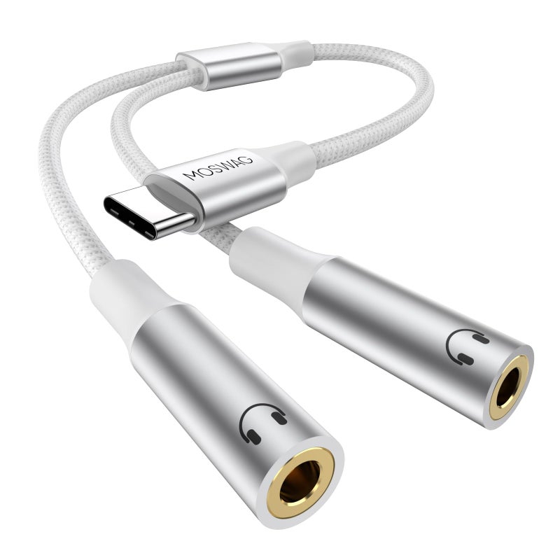 MOSWAG Type C to Dual 35mm Aux Headphone Jack Adapter Type C to Dual 35mm Aux Headphone Jack Adapter Compatible with Pixel 7 6 Pro 5 for Galaxy S23 S22 S21 Ultra Note 20 Ultra iPad Air MacBook - Image 2