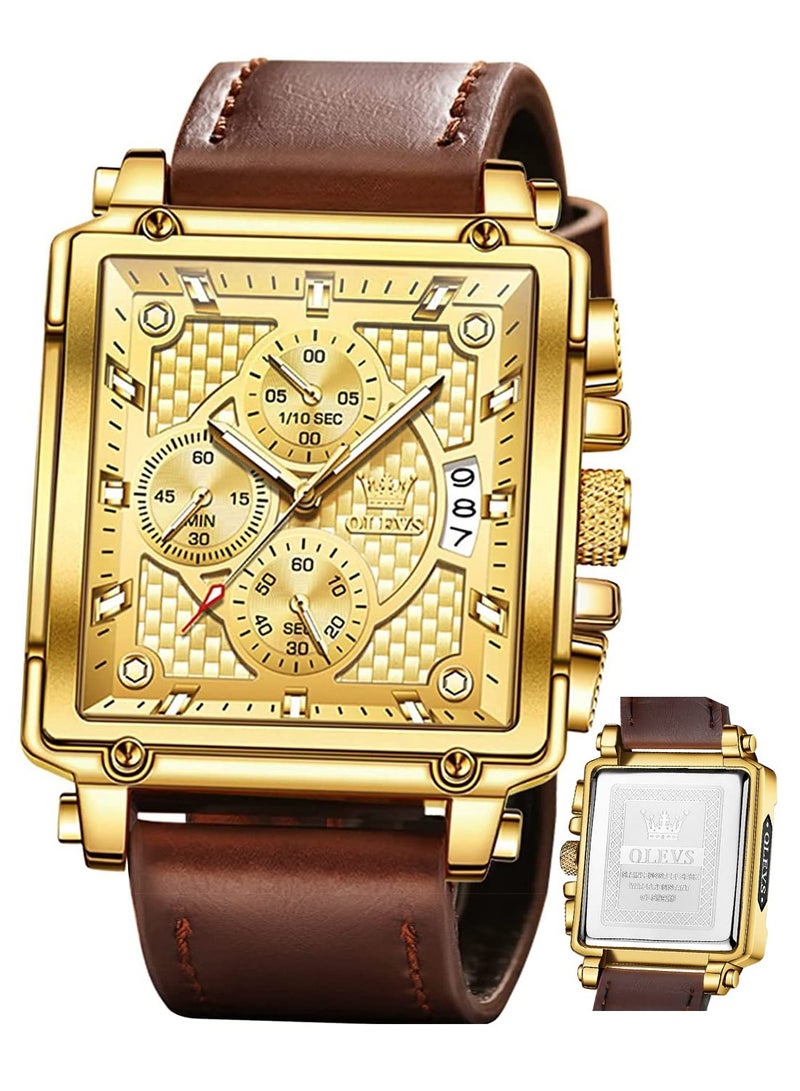 OLEVS Square Watches for Men Brown Leather Chronograph Fashion Business Watch Luminous Waterproof Casual Wrist Watches - Image 1