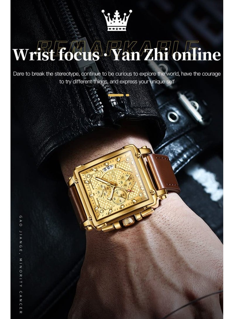 OLEVS Square Watches for Men Brown Leather Chronograph Fashion Business Watch Luminous Waterproof Casual Wrist Watches - Image 2