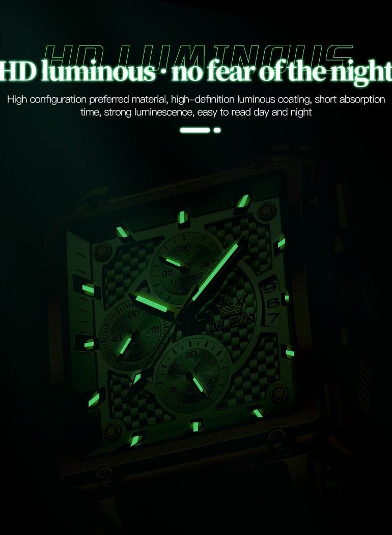 OLEVS Square Watches for Men Brown Leather Chronograph Fashion Business Watch Luminous Waterproof Casual Wrist Watches - Image 3