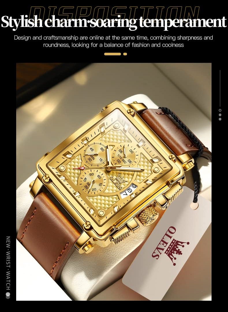 OLEVS Square Watches for Men Brown Leather Chronograph Fashion Business Watch Luminous Waterproof Casual Wrist Watches - Image 4