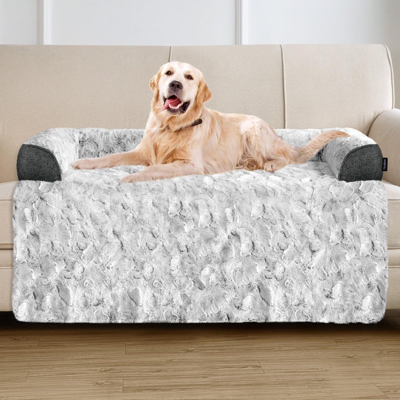 blunique Calming Extra Large Dog Bed for Couch, 45 x 37 inch Removable Couch Cover for Dogs Washable, Non-Slip Fluffy Plush Dog Sofa Mat for Furniture Protector - Grey - Image 1