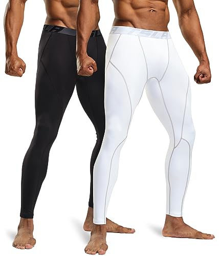 TSLA Men's Thermal Compression Pants, Athletic Sports Leggings & Running Tights, Wintergear Base Layer Bottoms, 2pack Tights Black/White, Large - Image 2
