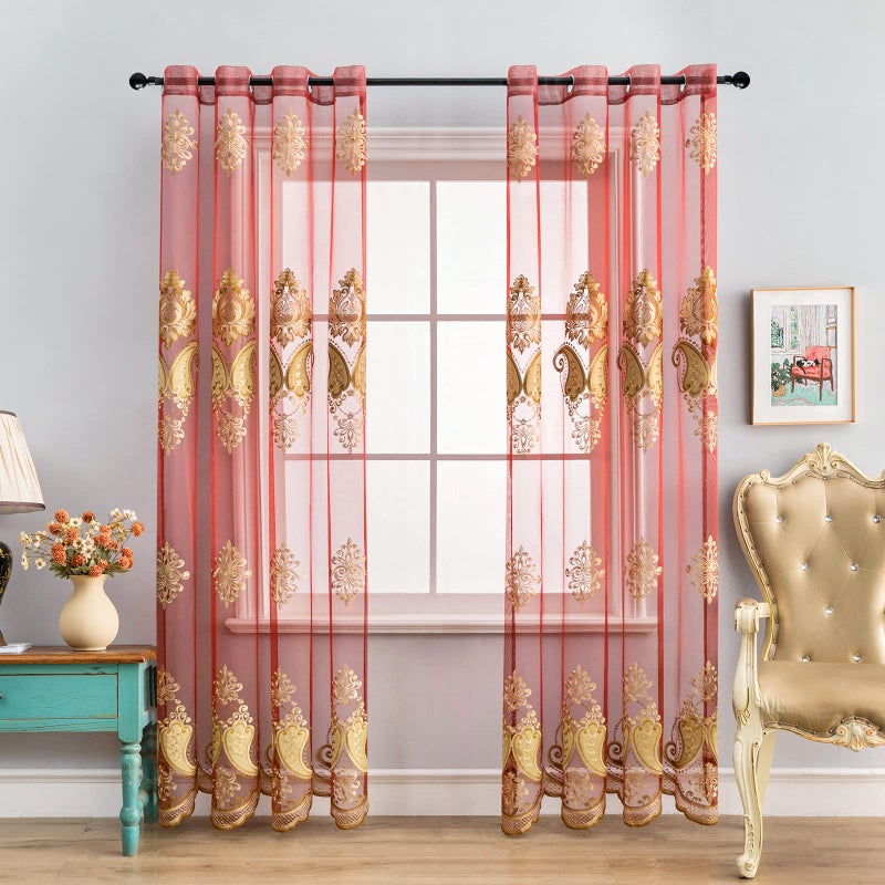 ELKCA Luxury Embroidered Sheer Curtains for Living Room Burgundy Red Tulle Curtains for Bedroom Transparent Yarn CurtainGrommet Top52 W x 84 L2 Panels