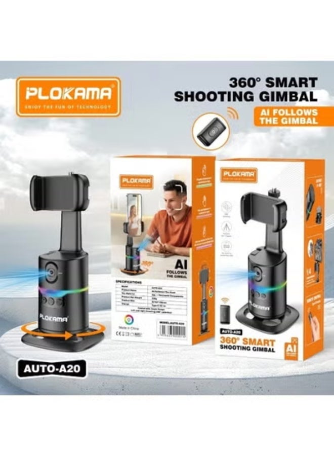 التخطيط AUTO-A20 360° Smart Shooting Gimbal Selfie Stick – Auto Face Tracking Tripod with Bluetooth Remote Control | Adjustable Rotation Portable Vlogging Stabilizer Stand for Smartphones – Black - Image 1