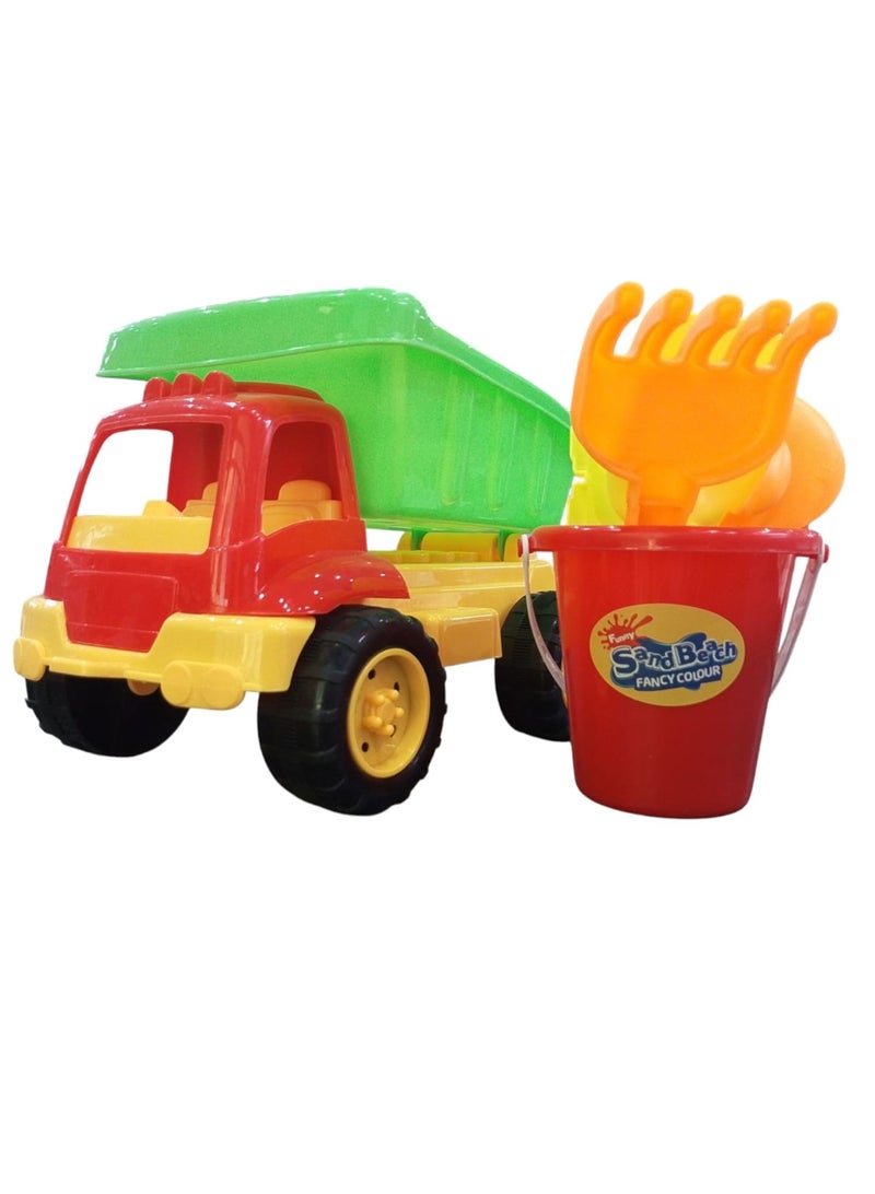 Kids Beach Toy Set - Plastic Dump Truck with Bucket and Sand Tools  - Image 2
