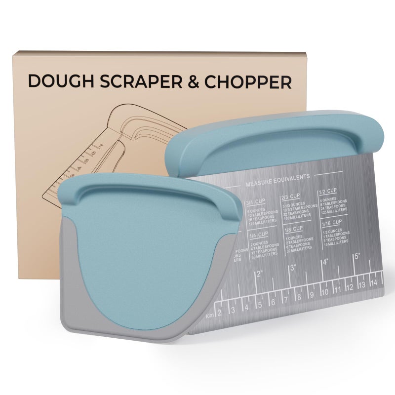 BIGFIT 2 IN 1 Upgrade Bench Scraper, Dough Scraper for Pastry Bread Cake Pizza, Sharp Stainless Steel Dough Cutter with Conversion Chart & Measuring Scale, Bowl Scraper Food Scraper for Kitchen Baking, Blue - Image 1