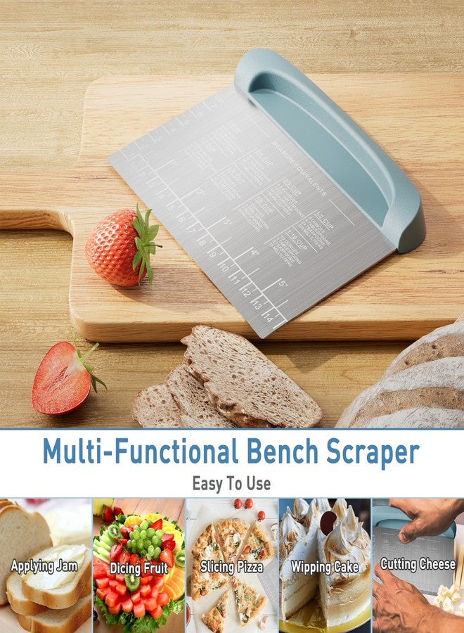 BIGFIT 2 IN 1 Upgrade Bench Scraper, Dough Scraper for Pastry Bread Cake Pizza, Sharp Stainless Steel Dough Cutter with Conversion Chart & Measuring Scale, Bowl Scraper Food Scraper for Kitchen Baking, Blue - Image 3