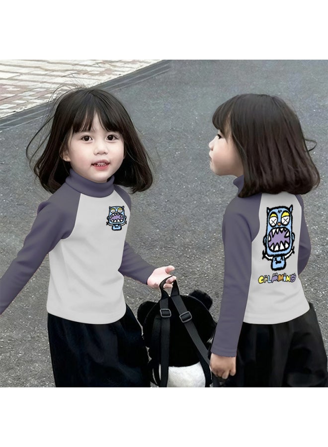 Girls' Thermal Base Layer Top Autumn And Winternew Style For Older Children, Half Turtleneck, Warm Inner Layer, Color-blocking Long Sleeves