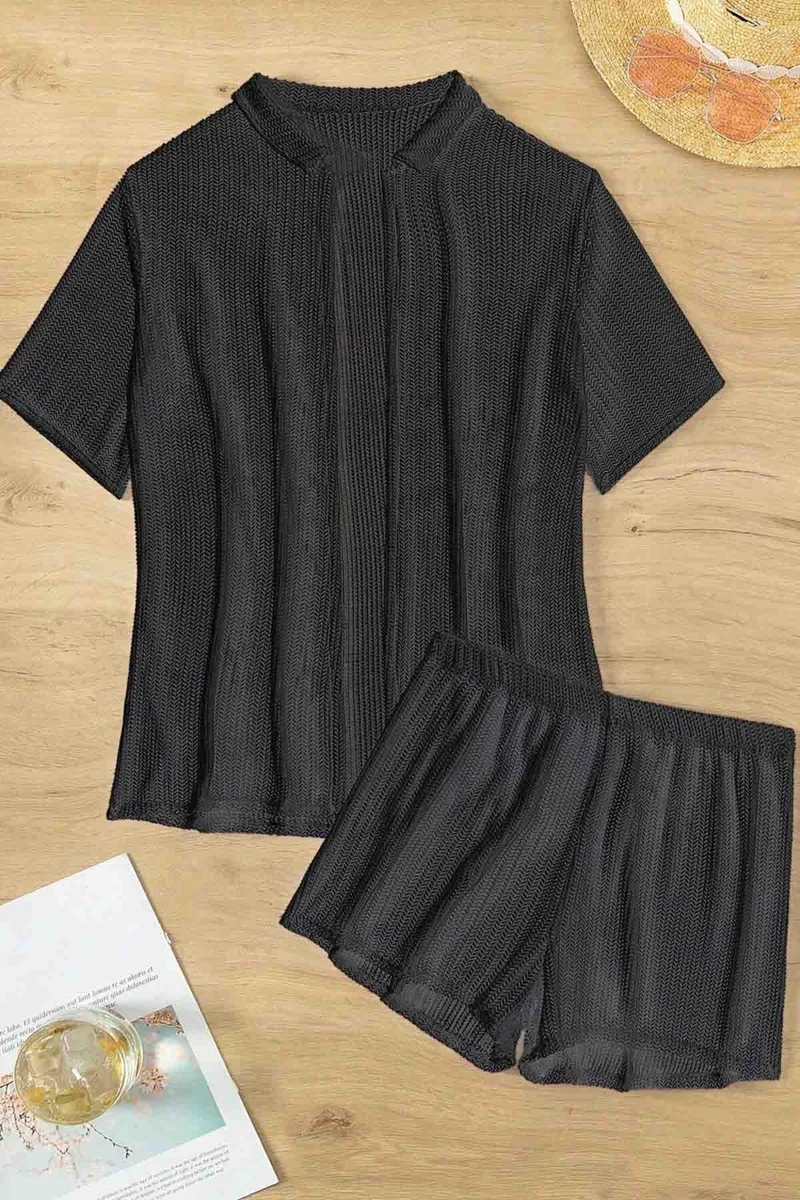 انجلسين Collar Detailed Shirt Look Bottom Top Shorts Set Beach Dress Pareo