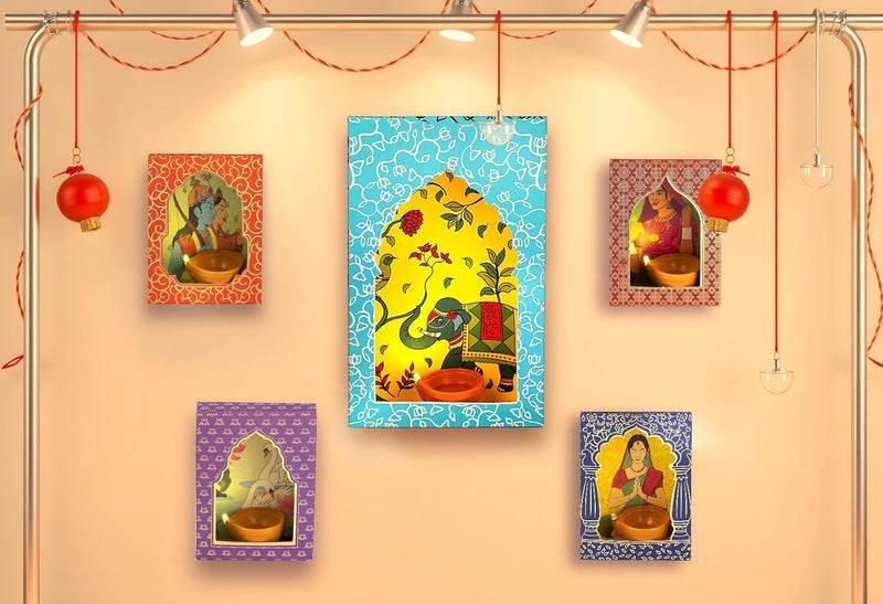 TOTA Jharokha Decorative Wall Hanging Set of 6 1 DIY Traditional Frames 7 Water Sensitive LED Diyas for Diwali Decoration Home Dcor Mandir Office and Pooja Room Diwali Theme - Image 3