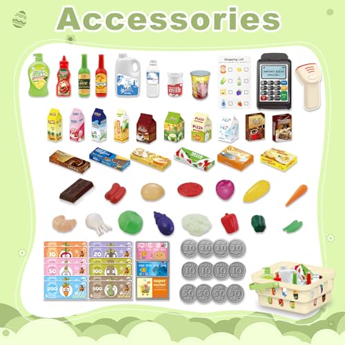 RedCrab Kids Shopping Cart75PCS Toy Shopping Cart Playset with Food Shop Accessories Adjustable Shopping Cart ArmShopping Basket Grocery Store Games for Ages 3 4 5 67 8 Green - Image 5