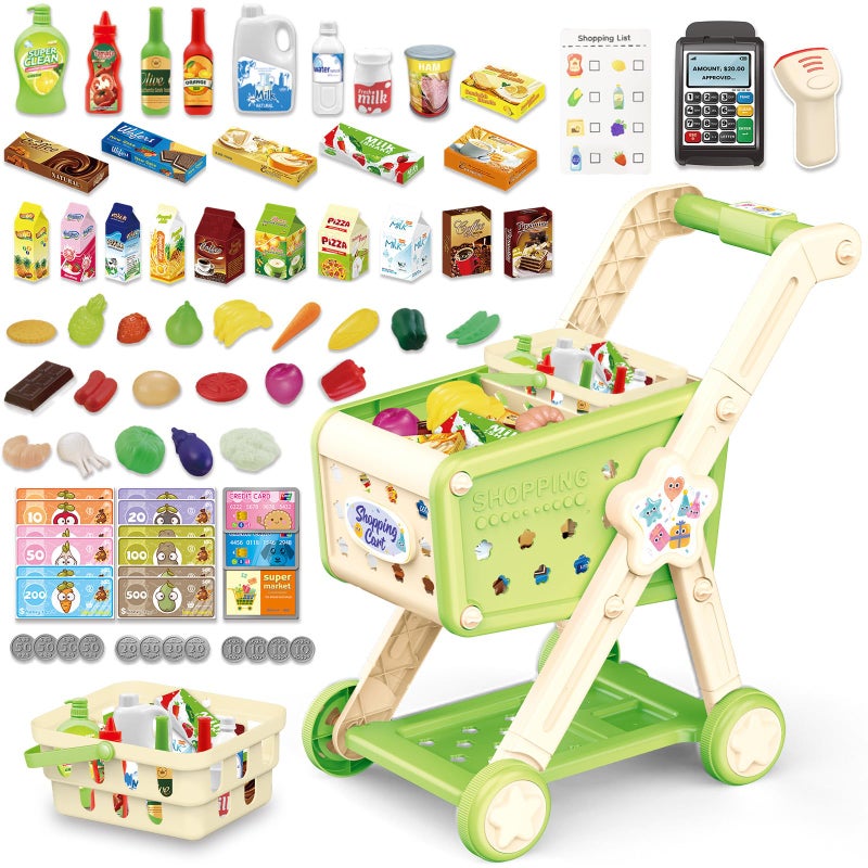 RedCrab Kids Shopping Cart75PCS Toy Shopping Cart Playset with Food Shop Accessories Adjustable Shopping Cart ArmShopping Basket Grocery Store Games for Ages 3 4 5 67 8 Green - Image 3
