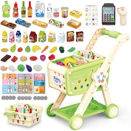 RedCrab Kids Shopping Cart75PCS Toy Shopping Cart Playset with Food Shop Accessories Adjustable Shopping Cart ArmShopping Basket Grocery Store Games for Ages 3 4 5 67 8 Green - Image 1
