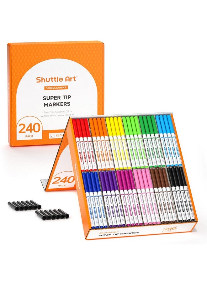 Shuttle Art 240 Pack Washable Super Tips Markers, 12 Assorted Colors Conical Tip Large Markers Bulk with a Box, Bonus Caps, Home Classroom School Supplies for Toddlers Kids Adults Students Teachers - Image 1
