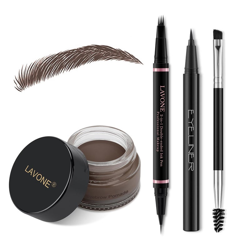 LAVONE Eyebrow Pencil Makeup Kit, with Waterproof 2-IN-1 Microblading Eyebrow Pen, Eyebrow Pomade, Eyeliner and Dual-ended Eyebrow Brush, Brow Pencil Kit for Natural Eyebrows - Black Brown - Image 1