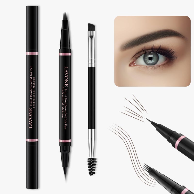 LAVONE Eyebrow Pencil Makeup Kit, with Waterproof 2-IN-1 Microblading Eyebrow Pen, Eyebrow Pomade, Eyeliner and Dual-ended Eyebrow Brush, Brow Pencil Kit for Natural Eyebrows - Black Brown - Image 2