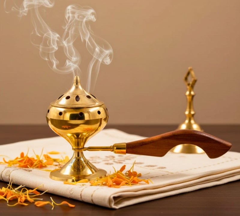 DSH Brass Loban Burner with Handle, Dhoop Dhuni Burner Sambrani Dhoop, Resin & Home Office Temple Prayer Butler,Gold,Standard(LBN-05 SML)(Round) - Image 1