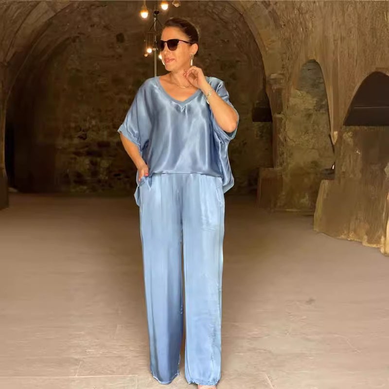 2024 Chic V-Neck Tee  Wide-Leg Pants Set Black - Image 5