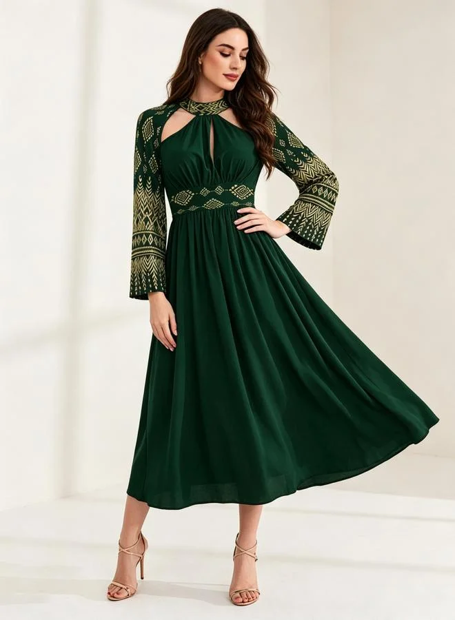 Take Two Dark Green Geo Print Cut-Out Midi Dress