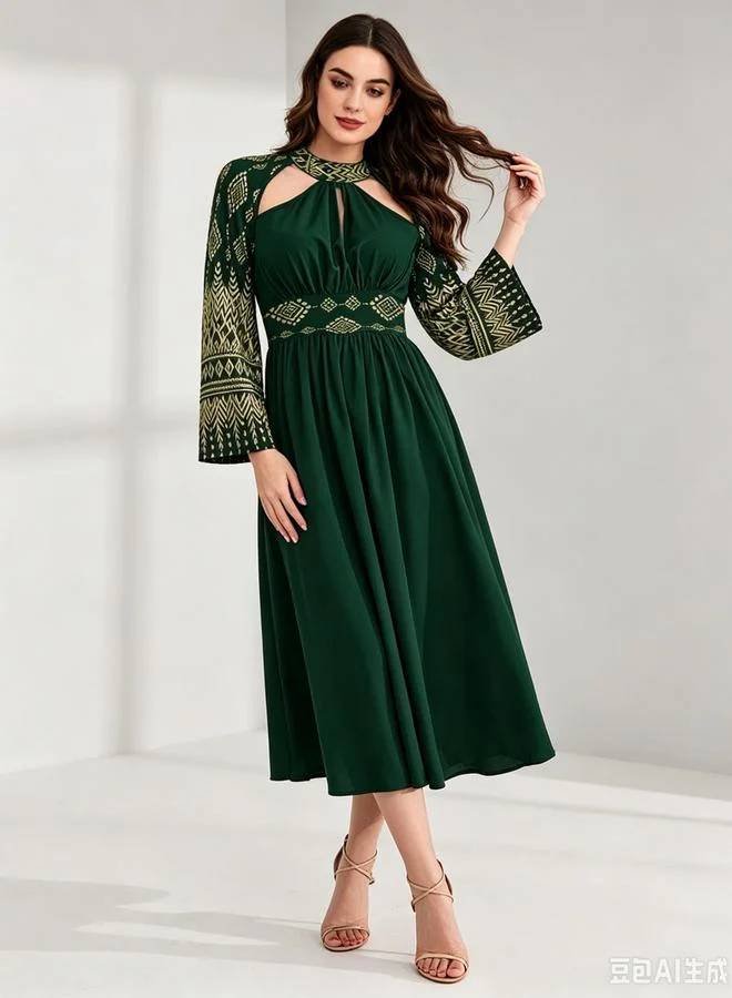 Take Two Dark Green Geo Print Cut-Out Midi Dress