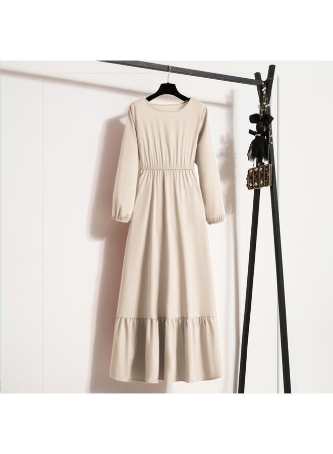 Women's New Dress Solid Color Pullover Long Sleeve Waist A- Line Dress 