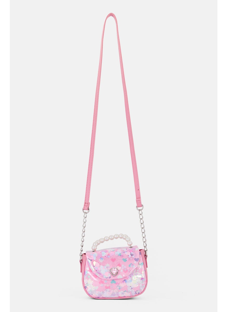 Miss Gwen's OMG Kids Girl Hearts Clear Canvas Pearl Handle Cross Body Bag, Pink  - Image 1