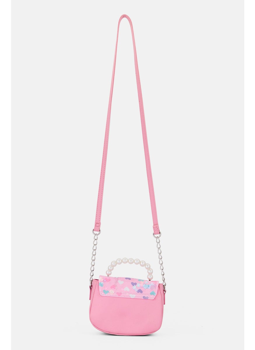 Miss Gwen's OMG Kids Girl Hearts Clear Canvas Pearl Handle Cross Body Bag, Pink  - Image 2