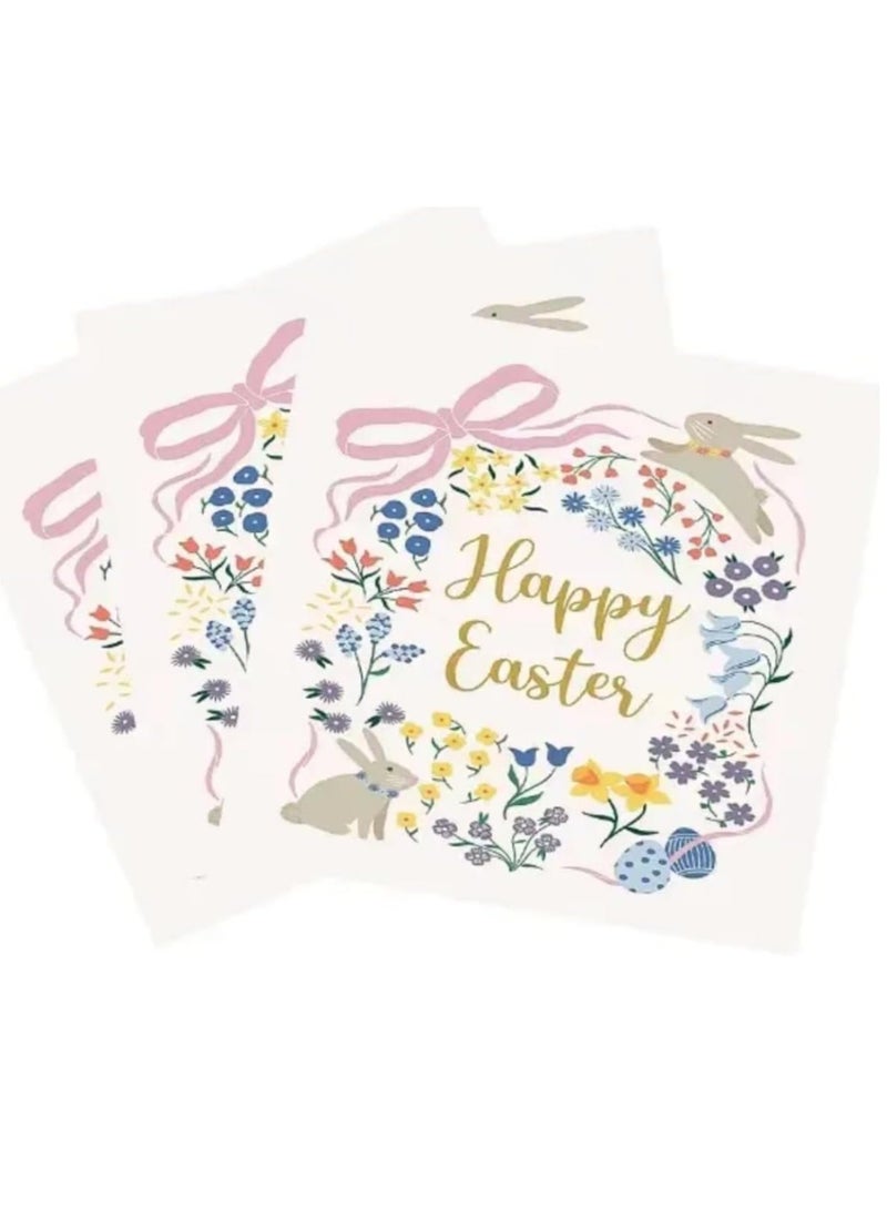 ذا بارتي بوبير مناديل ورقية للاستخدام مرة واحدة بنقشة زهور وردية لعيد الفصح، 16 منديلًا، مناديل يدوية على شكل أرانب - Image 1