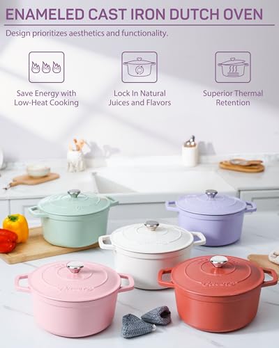 Ciwete Enameled Cast Iron Dutch Oven – 6 Quart Pot with Lid & Potholders – Heavy-Duty Cookware for Bread Baking, Braising, Stews & Roasting – Oven & Stovetop Safe up to 500°F – Purple - Image 3