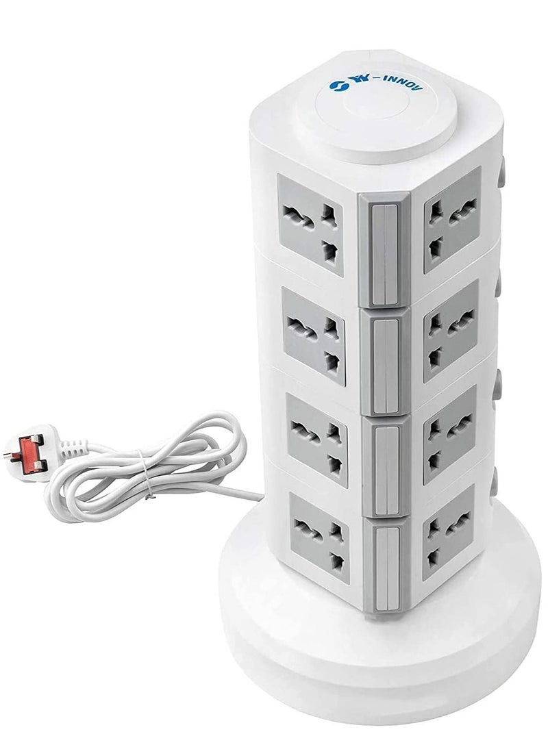 NTECH 220V Universal Vertical Multi Socket Tower Extension Electrical Outlet Lead with USB Ports 3M Cord and UK-Plug Power Strip (Gray) - Image 1