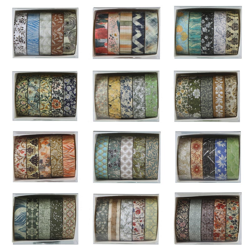 YUBBAEX 60 Rolls Value Washi Tape Pack Retro Arts Masking Tape Basic Patterns Decorative for DIY Crafts, Bullet Journal Supplies, Planners, Scrapbook, Card/Gift Wrapping (Retro Baroque) - Image 3