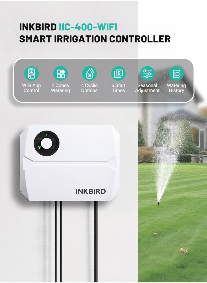 INKBIRD - INKBIRD Smart Sprinkler Controller IIC-400-WIFI – 4 Zones Automated Irrigation System with 2.4G WiFi Control, Rain Skip, App Monitoring, Perfect for Gardens, Lawns & Patios - Effortless Watering Management - Image 1