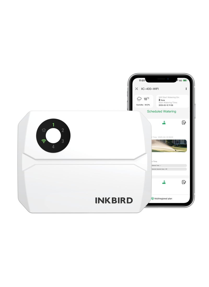 INKBIRD - INKBIRD Smart Sprinkler Controller IIC-400-WIFI – 4 Zones Automated Irrigation System with 2.4G WiFi Control, Rain Skip, App Monitoring, Perfect for Gardens, Lawns & Patios - Effortless Watering Management - Image 1