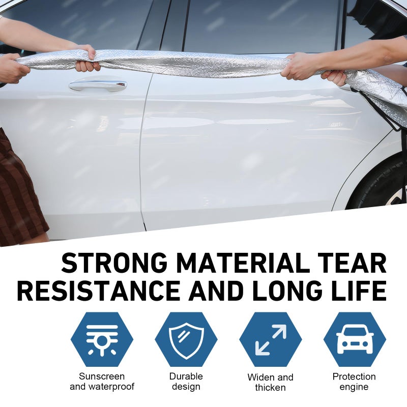 CyperFair Car Half Cover, Thicker Larger Snow Freeze Shield with Fixed Clip, Anti-Scratch Reflective Strip Warning All-Season Protection, Universal Front Windshield Hood Full Wrap for Cars (Silver) - Image 4
