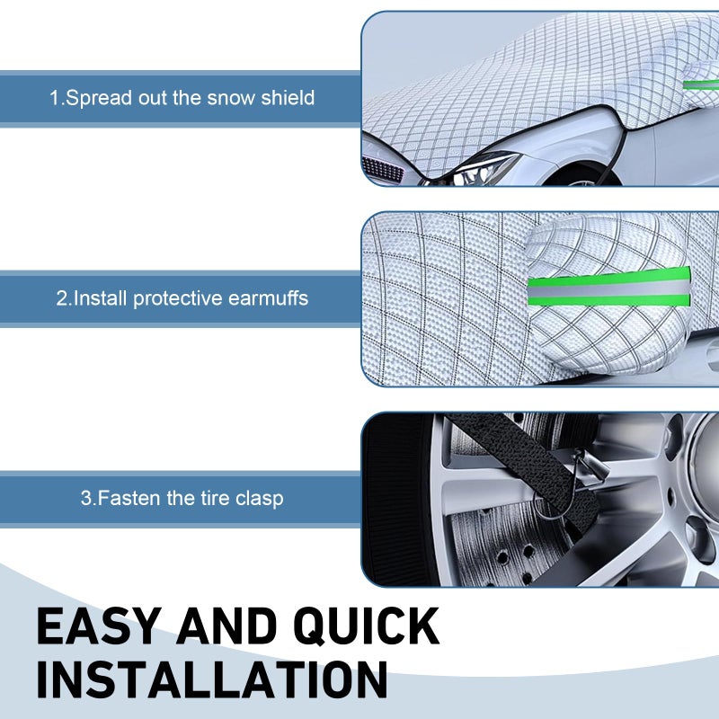 CyperFair Car Half Cover, Thicker Larger Snow Freeze Shield with Fixed Clip, Anti-Scratch Reflective Strip Warning All-Season Protection, Universal Front Windshield Hood Full Wrap for Cars (Silver) - Image 3