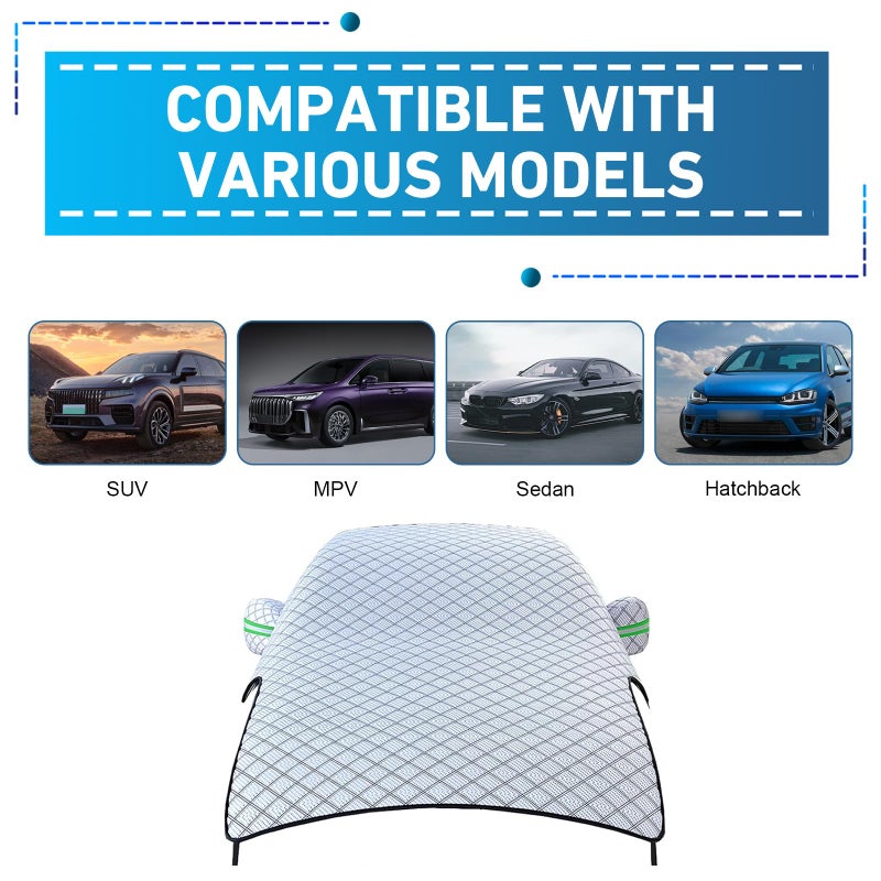 CyperFair Car Half Cover, Thicker Larger Snow Freeze Shield with Fixed Clip, Anti-Scratch Reflective Strip Warning All-Season Protection, Universal Front Windshield Hood Full Wrap for Cars (Silver) - Image 2