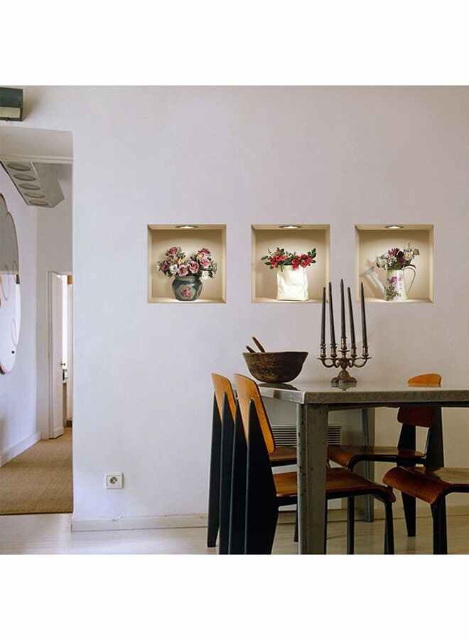 3-Piece 3D Vase Flowers Removable Wall Sticker Multicolour 87grams - Image 2
