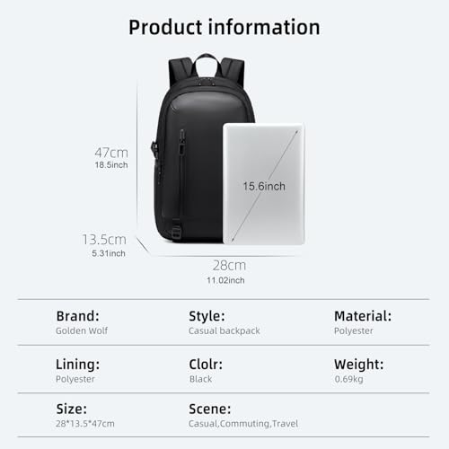GOLDEN WOLF Laptop Backpack for Men 15.6-inch 17L Slim Office Laptop Bags for Men Lightweight Water-resistant Polyester Sleek Backpacks for Travel Casual College Daypack, Black - Image 5