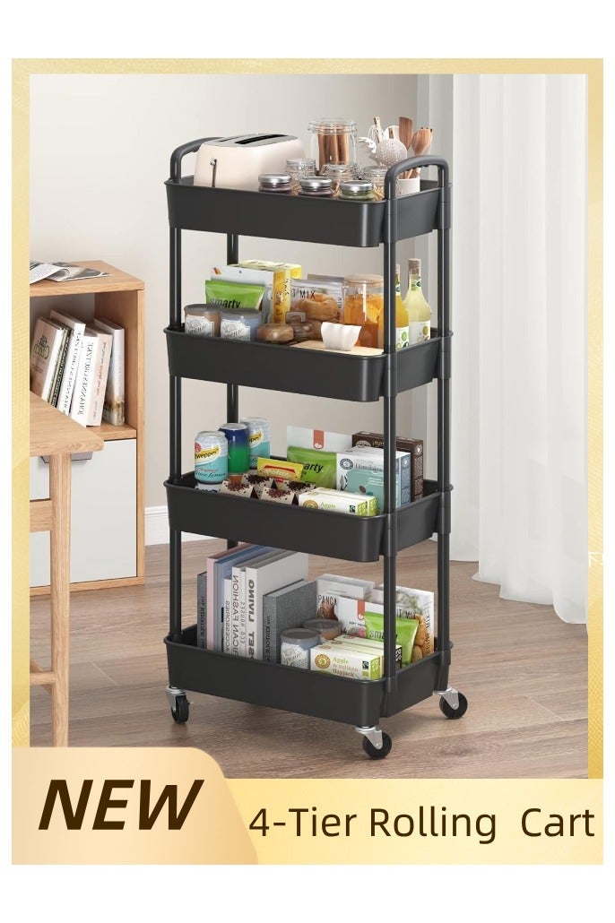 4-Tier Rolling Storage Cart with Wheels, Multi-Purpose Organizer for Kitchen, Office, Bathroom - Black, Heavy Duty & Easy Move - Image 1