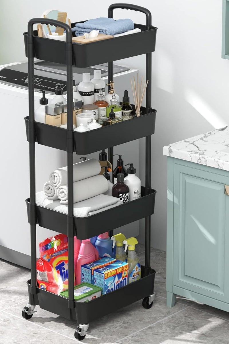 4-Tier Rolling Storage Cart with Wheels, Multi-Purpose Organizer for Kitchen, Office, Bathroom - Black, Heavy Duty & Easy Move - Image 3
