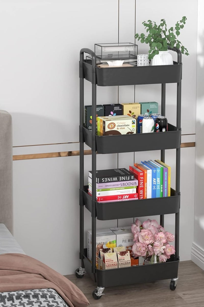 4-Tier Rolling Storage Cart with Wheels, Multi-Purpose Organizer for Kitchen, Office, Bathroom - Black, Heavy Duty & Easy Move - Image 4