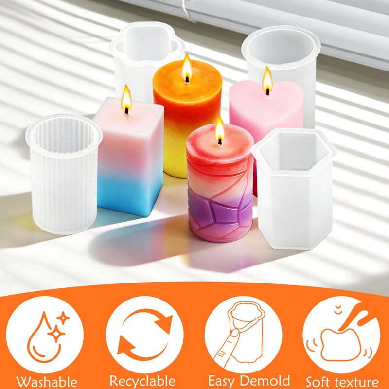QCCTPUU 8PCS Reusable Silicone Candle Molds Set - Cylinder/Hexagon/Octagonal/Heart/Flower/Square Shapes for DIY Candle Making, Soap, Resin Crafts, Easy Release Candle Making Kit with Multiple Sizes - Image 4