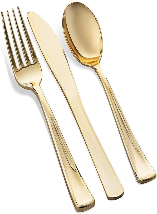 Munfix 125 Piece Gold Dinnerware Party Set - 50 Gold Rim Plastic Plates, 25 Dinner 25 Dessert Plates, 25 Knives, 25 Forks, 25 Spoons - 25 Guest Disposable Set for Wedding Birthday Parties - Image 3