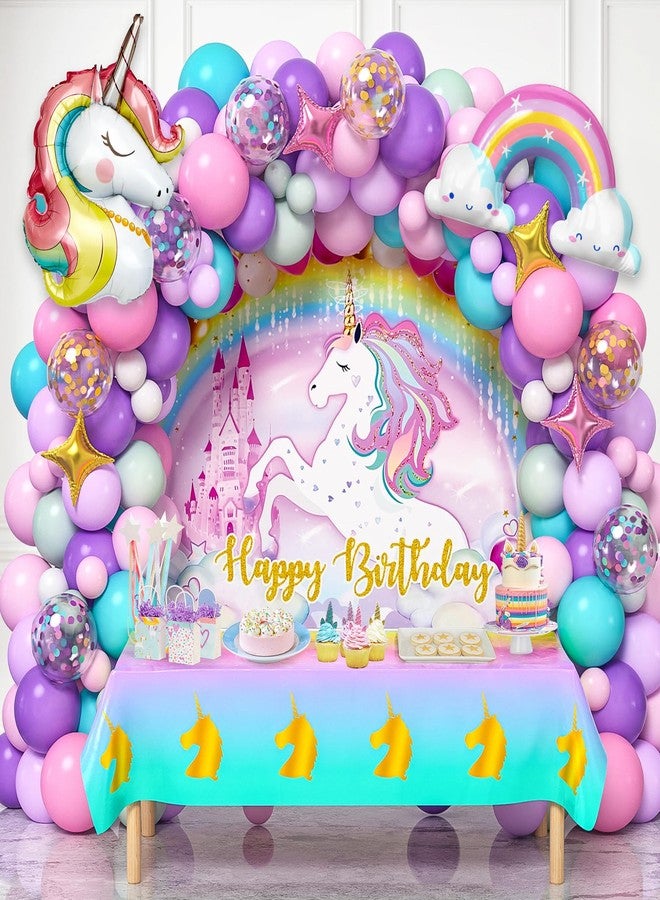 Winrayk 144Pcs Purple Unicorn Party Decorations Birthday Supplies for Girls, Purple Pink Blue Balloon Arch Kit with Backdrop Tablecloth Foil Balloons, Kids Rainbow Unicorn Themed Birthday Decorations - Image 1
